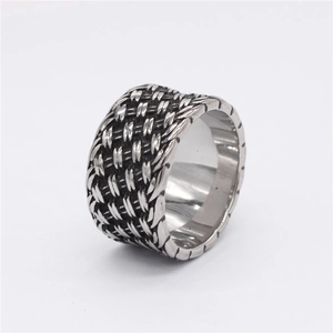 Vintage braided titanium steel band ring for men with masculine woven knot design texture