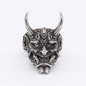 Retro punk style Hannya demon skull ring in vintage titanium steel with detailed carving