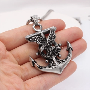 Vintage silver anchor eagle pendant necklace in punk rock style for men, hand-held view