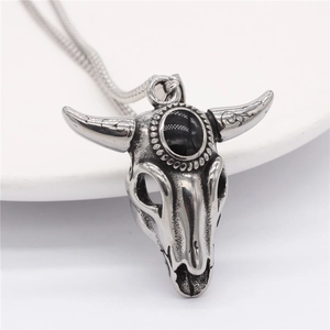 Vintage ram bull head skull pendant necklace with black gemstone and snake chain