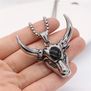Gothic silver bull head necklace with black gemstone and steel bead chain