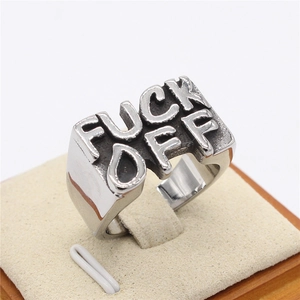 Punk style silver stainless steel ring featuring 3D Fuck Off lettering in 45-degree view