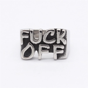 Retro punk style titanium steel square signet ring with engraved Fuck Off slogan