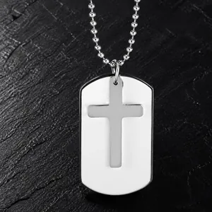 Men's stainless steel cross pendant necklace with a polished military tag on ball chain