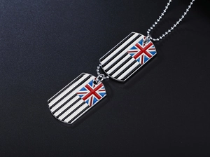 Detail of hip-hop military tag necklace with enamel Union Jack and striped pattern
