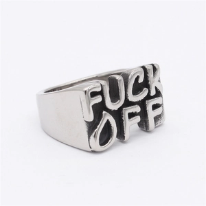 Retro stainless steel wide band ring featuring bold 3D Fuck Off lettering design