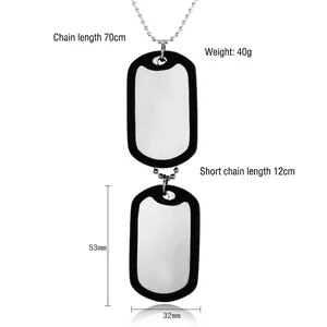 Double dog tag necklace for men with black frame, silver metal plate and ball chain