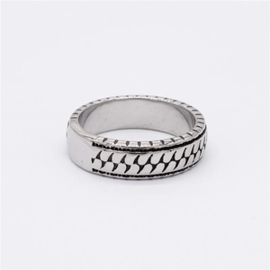 Retro stainless steel ring for men featuring two rows of black diagonal textured patterns