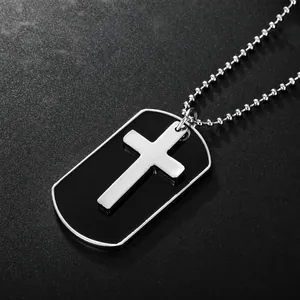 Men's silver military tag necklace with black cross pendant and classic ball chain