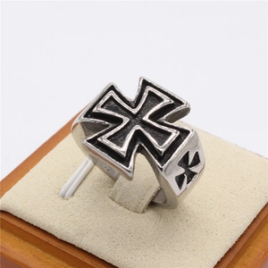 Retro stainless steel men's ring featuring embossed iron cross motifs on a brushed surface