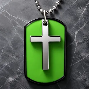 Fashion cross dog tag necklace with green shield pendant and silver ball chain