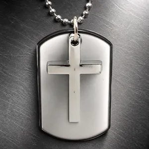 Men's double-layered cross dog tag necklace with polished steel finish and ball chain