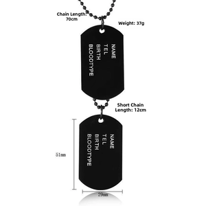 Detail of black stainless steel double dog tag necklace with 70cm ball chain for men