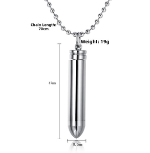 Detailed dimensions of 47mm bullet pendant with 70cm ball chain necklace and weight info