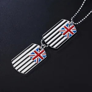 Men's hip-hop dog tag necklace with Union Jack flag and black stripes on bead chain