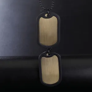 Brushed bronze military dog tags with black rubber silencers on a black bead chain necklace
