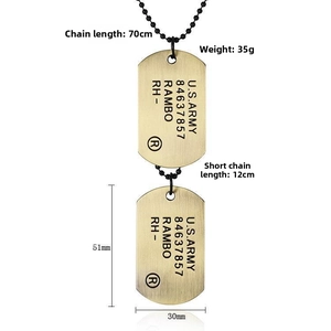 Detailed size specifications for gold brushed dual dog tag necklace with U.S. ARMY engraving