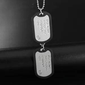 Classic stainless steel military dog tag necklace with black silicone silencers on ball chain
