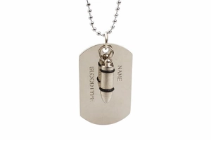 Close-up of military dog tag and bullet pendant with ball chain in silver finish