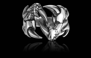 Vue macro d'une bague griffe de dragon punk avec écailles détaillées et argent vintage