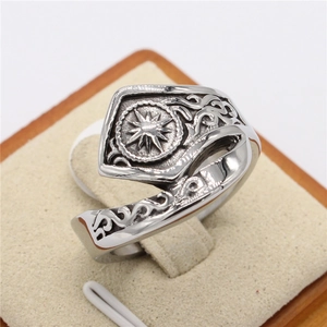 Vintage silver dagger sun pattern titanium steel ring with intricate side carvings