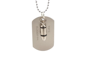 Close-up of personalized stainless steel military dog tag and bullet pendant on bead chain