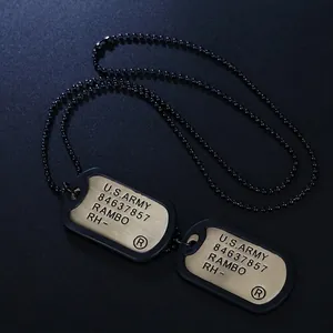 Tactical black U.S. Army dog tag necklace with beaded chain and brushed metal finish