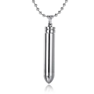 Polished silver bullet pendant necklace with bead chain for perfume or pet ashes