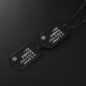 Matte black US Army style double dog tag necklace with long bead chain for men