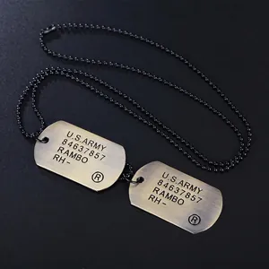 Military style double dog tag necklace with black ball chain and brushed metal finish