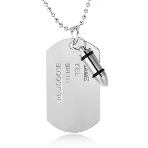 Hip Hop Military Style Dog Tag Necklace With Bullet Pendant Alloy Engraved Identity Tag Ball Chain Men Fashion Jewelry