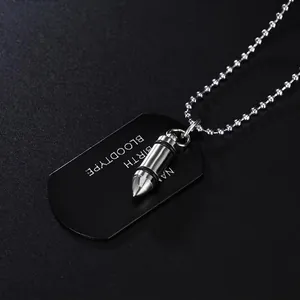 Hip-hop military dog tag necklace with bullet pendant and personalized laser engraving