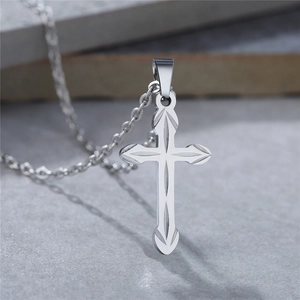 Minimalist silver stainless steel cross pendant necklace with fine engraved lines