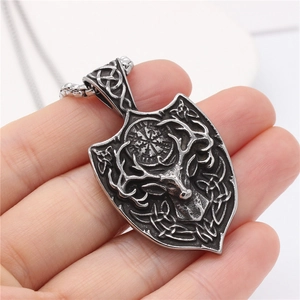 Vintage Viking Nordic Shield Deer Head Pendant Necklace For Men Antique Titanium Steel Celtic Knot Vegvisir Compass Jewelry