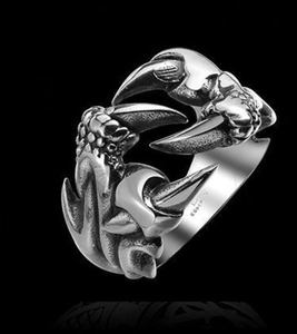 Bague ouverte griffe de dragon punk vintage avec texture écailles et fini argent