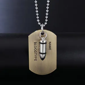 Army style bullet pendant necklace with stainless steel dog tag on a bead chain