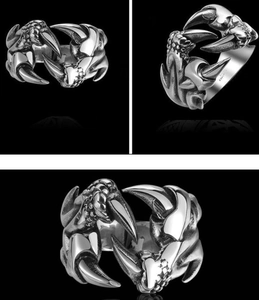 Bague griffe de dragon punk pour homme en argent vintage avec écailles et anneau ouvert