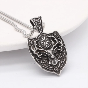 Vintage Viking elk shield pendant necklace with Vegvisir compass in aged stainless steel