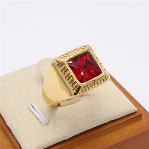 Baroque style gold plated stainless steel ring with large square red gemstone and Greek key patterns