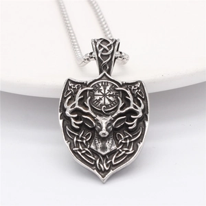 Retro shield necklace featuring a majestic elk and Viking Vegvisir symbol in aged steel