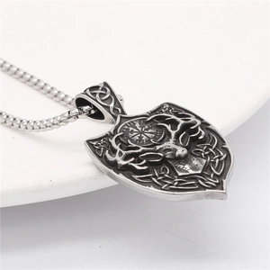 Vintage stainless steel shield necklace with stag relief and Viking Vegvisir symbol