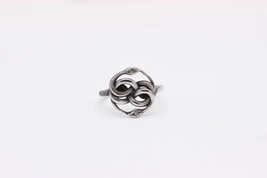 Macro detail of retro double snake ring in silver finish with detailed scale texture