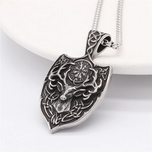 Vintage stainless steel elk shield pendant necklace with viking vegvisir compass detail