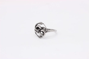 Macro detail of retro double-headed snake ring with intricate scale textures in steel