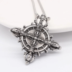 Retro stainless steel cross vajra pendant necklace with industrial silver finish
