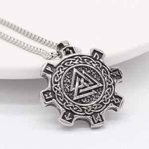 Viking Valknut triangle necklace in antique silver stainless steel with Rune symbols