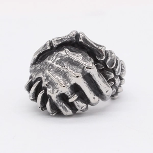 Retro gothic skeleton hands handshake ring in oxidized stainless steel for men