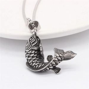 Retro koi fish pendant necklace in silver stainless steel with detailed fish scales