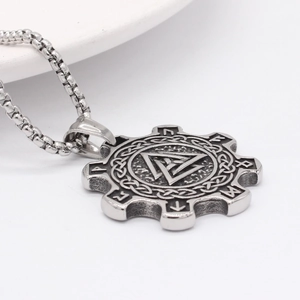 Vintage Viking Valknut pendant necklace in stainless steel with Nordic rune engravings