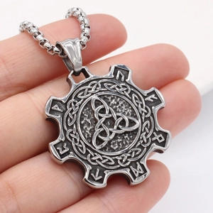 Vintage Viking triangle necklace with Nordic runes and Celtic knot in silver steel